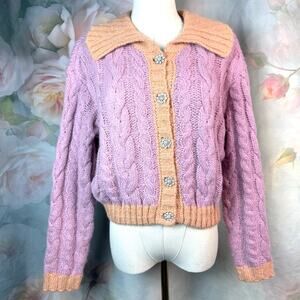 Lush Shayla Rhinestone Button Lilac Apricot Cable Knit Cropped Cardigan Sweater